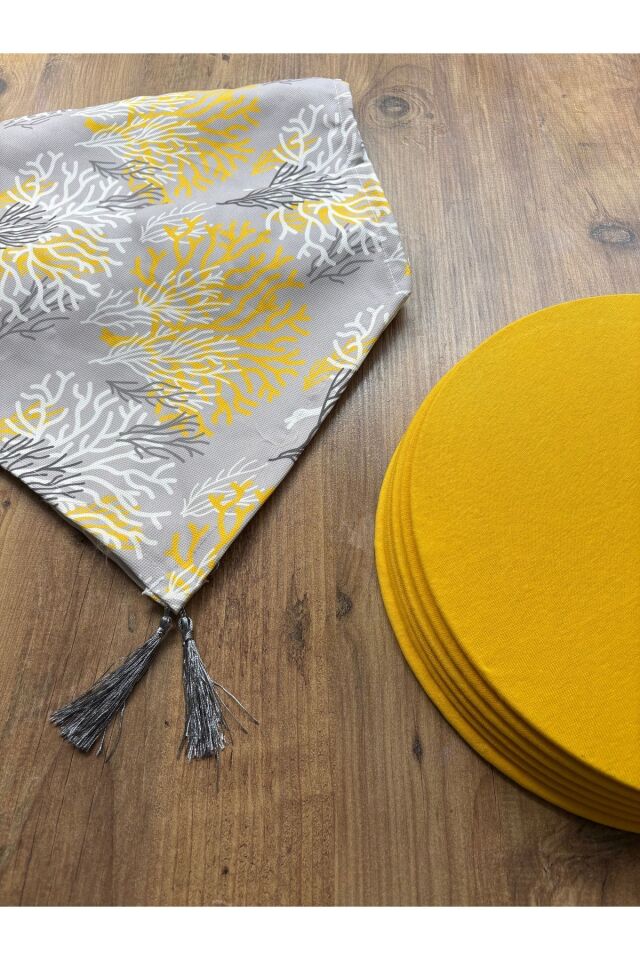 Modern Altıgen Desenli Duck Keten Runner ve 6'lı Pembe Supla Seti Sarı Mercan - 40 x 140
