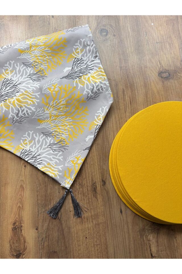 Modern Altıgen Desenli Duck Keten Runner ve 6'lı Pembe Supla Seti Sarı Mercan - 40 x 140