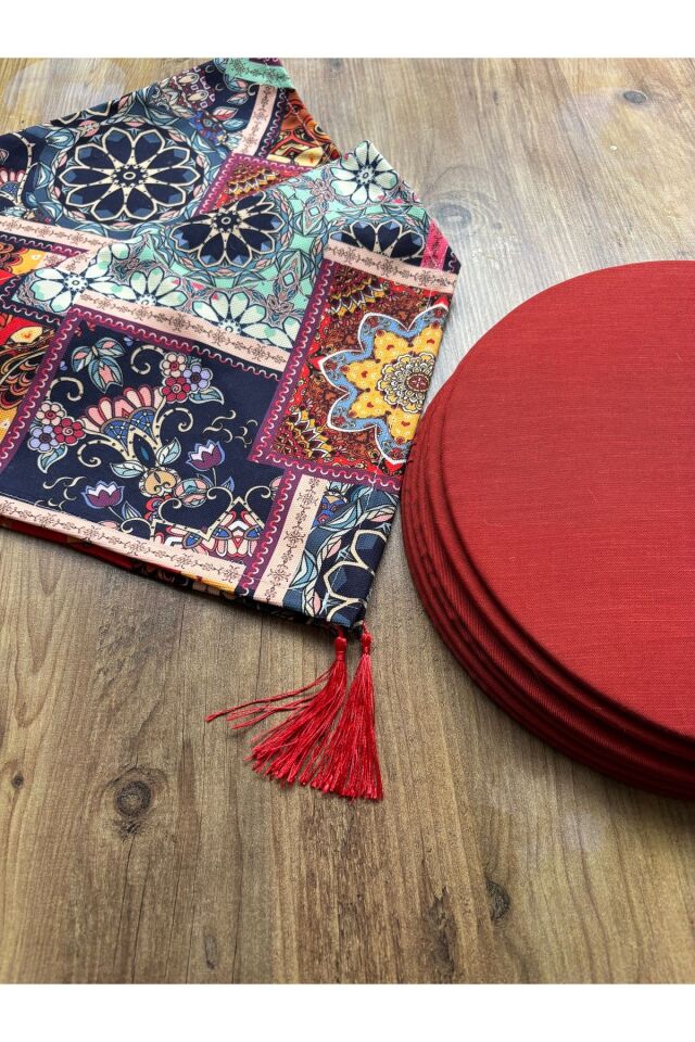 Gri Zikzak Desenli Duck Keten Runner ve 6'lı Gri Supla Seti Retro Çiçek - 40 x 140