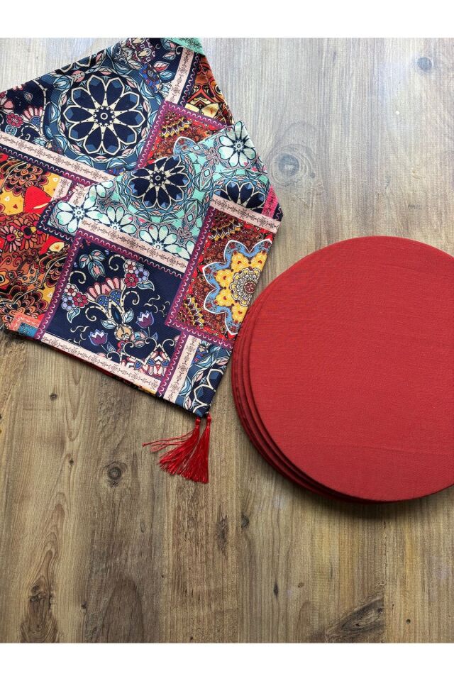 Gri Zikzak Desenli Duck Keten Runner ve 6'lı Gri Supla Seti Retro Çiçek - 40 x 140