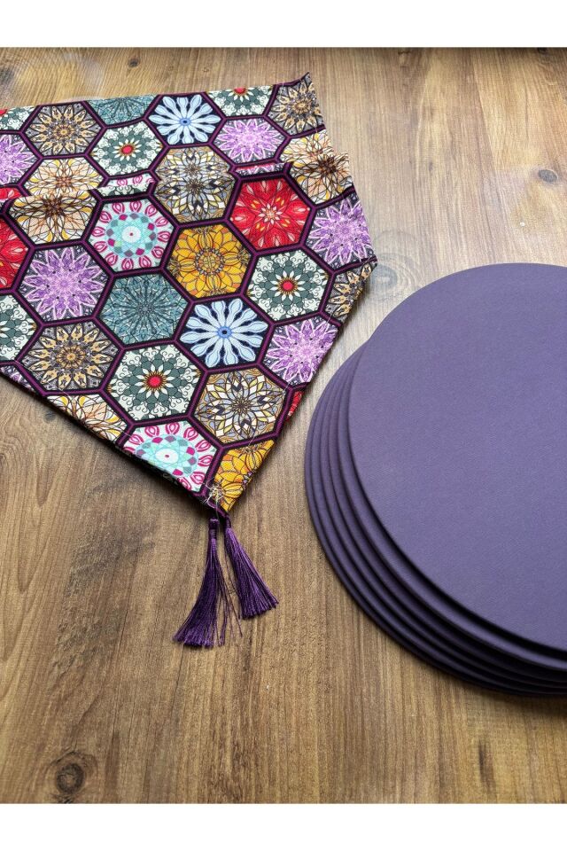 Gri Zikzak Desenli Duck Keten Runner ve 6'lı Gri Supla Seti Altıgen Lila - 40 x 140