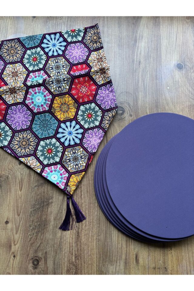 Gri Zikzak Desenli Duck Keten Runner ve 6'lı Gri Supla Seti Altıgen Lila - 40 x 140