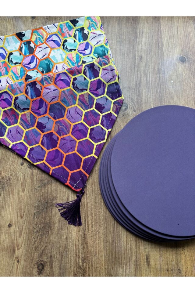 Gri Zikzak Desenli Duck Keten Runner ve 6'lı Gri Supla Seti Modern Lila - 40 x 140