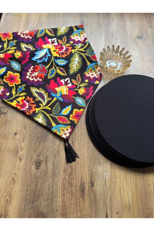 Bahar Çiçekleri Duck Keten Runner ve 6'lı Kırmızı Supla Seti retro yaprak siyah - 140 x 40
