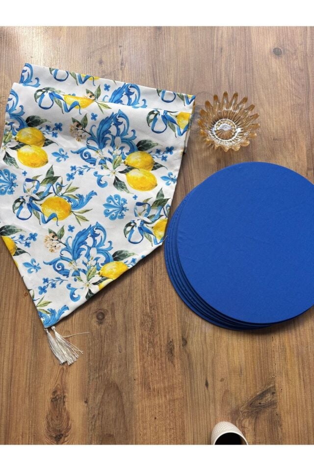Bahar Çiçekleri Duck Keten Runner ve 6'lı Kırmızı Supla Seti mavi limon saks - 140 x 40