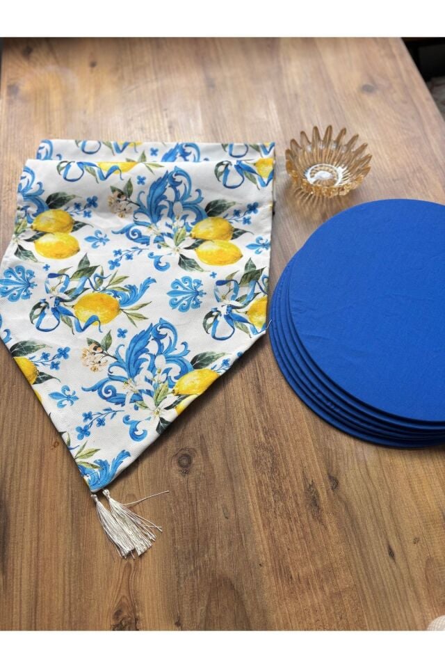 Bahar Çiçekleri Duck Keten Runner ve 6'lı Kırmızı Supla Seti mavi limon saks - 140 x 40