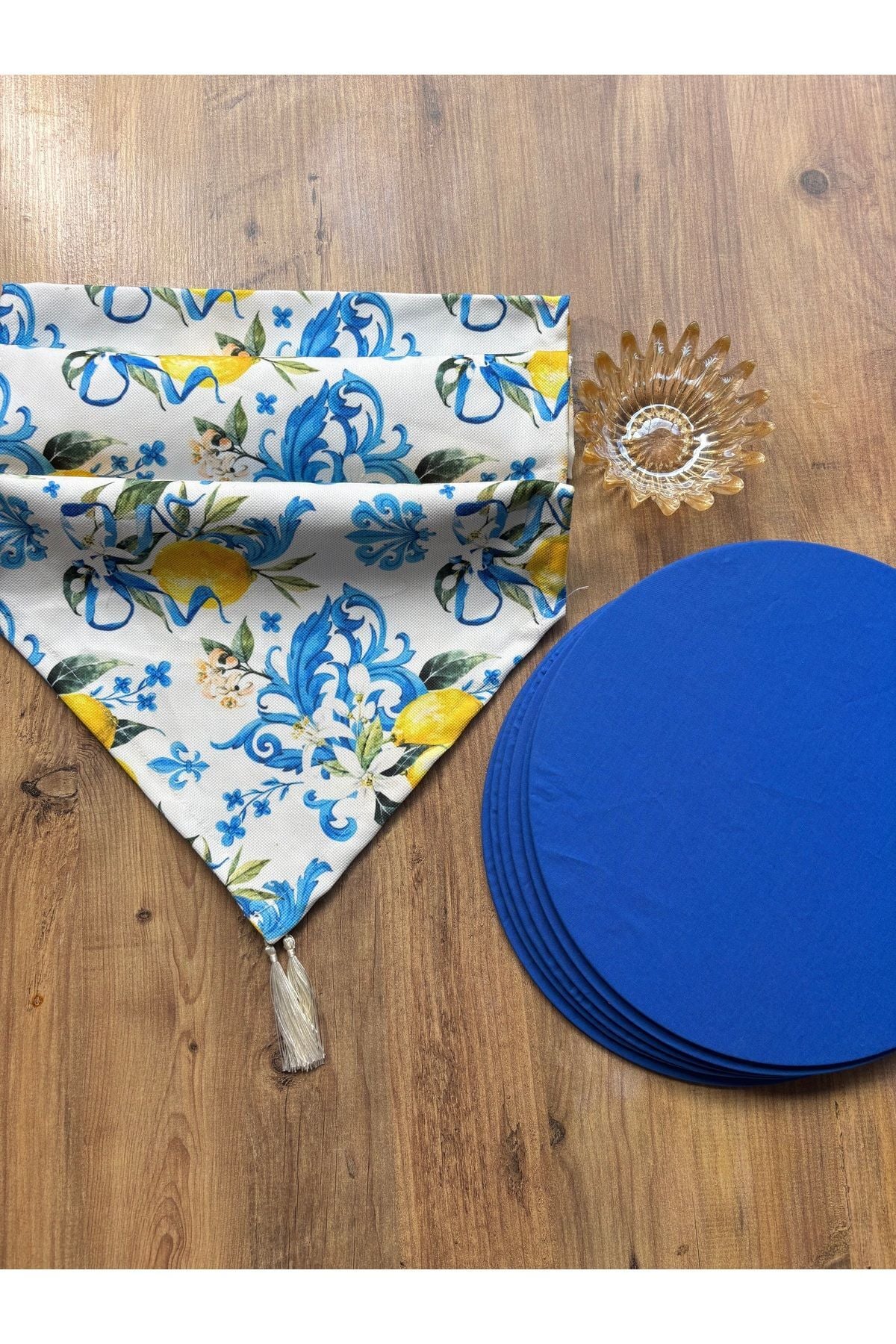 Bahar Çiçekleri Duck Keten Runner ve 6'lı Kırmızı Supla Seti mavi limon saks - 140 x 40