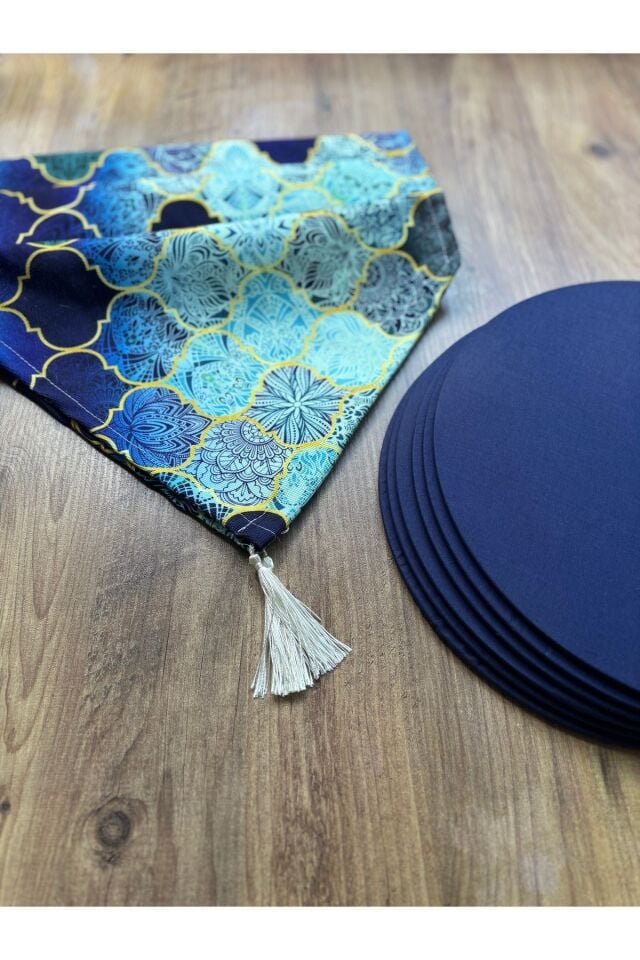 Bahar Çiçekleri Duck Keten Runner ve 6'lı Kırmızı Supla Seti saks moroccan laci - 140 x 40