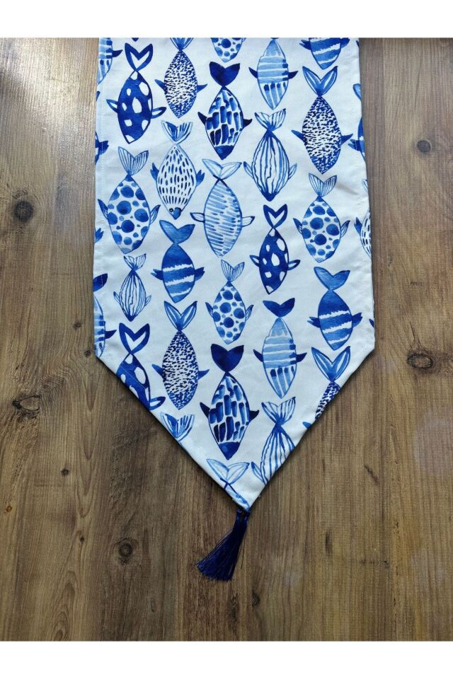 Bahar Çiçekleri Duck Keten Runner ve 6'lı Kırmızı Supla Seti balık saks - 140 x 40