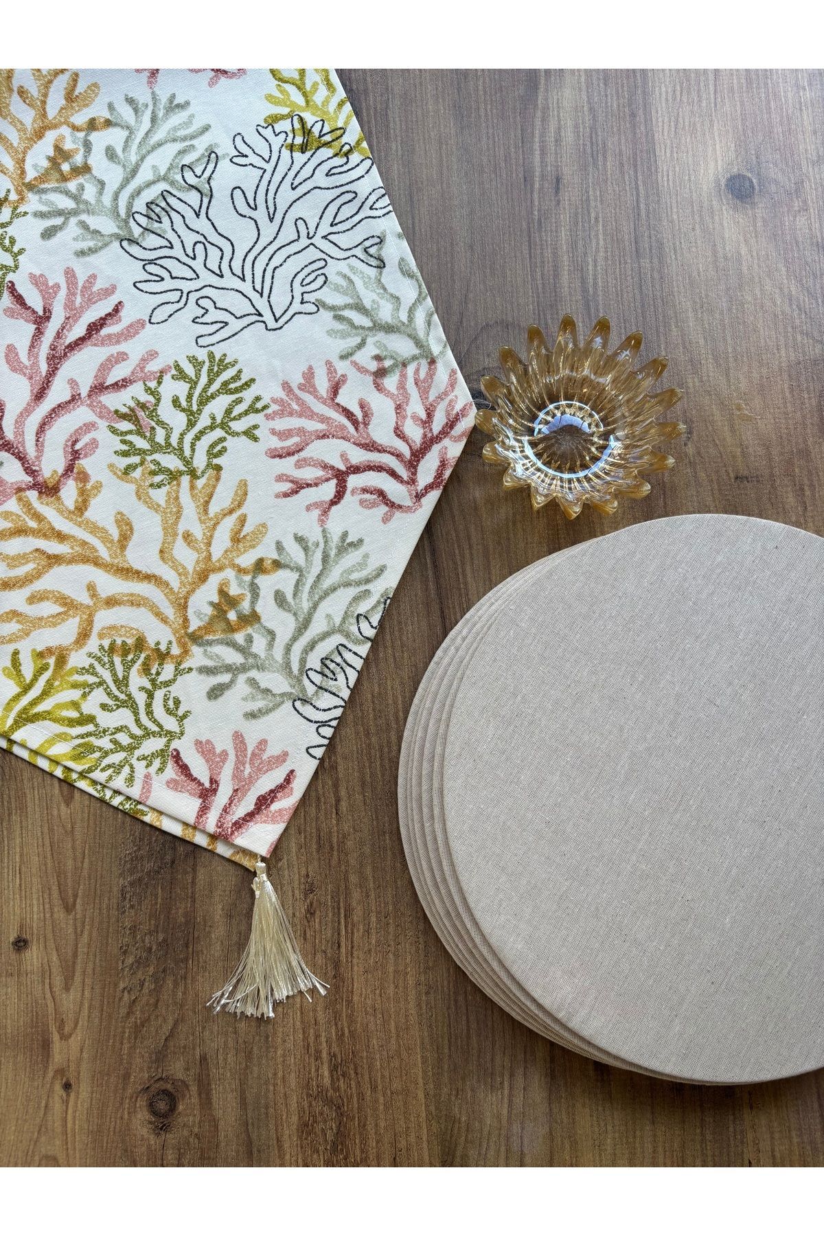 Bahar Çiçekleri Duck Keten Runner ve 6'lı Kırmızı Supla Seti turuncu mercan krem - 140 x 40
