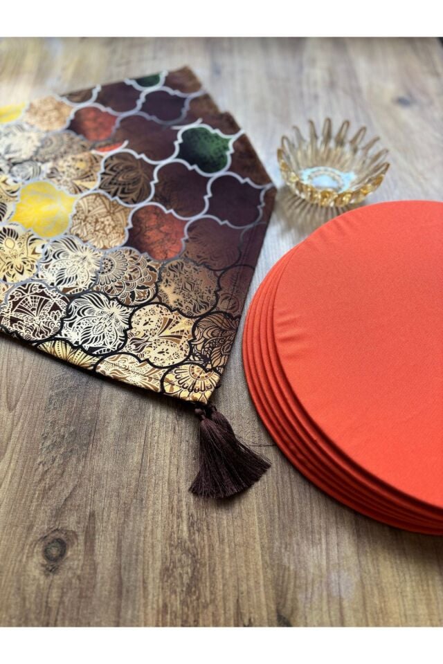 Bahar Çiçekleri Duck Keten Runner ve 6'lı Kırmızı Supla Seti gold moroccan turuncu - 140 x 40