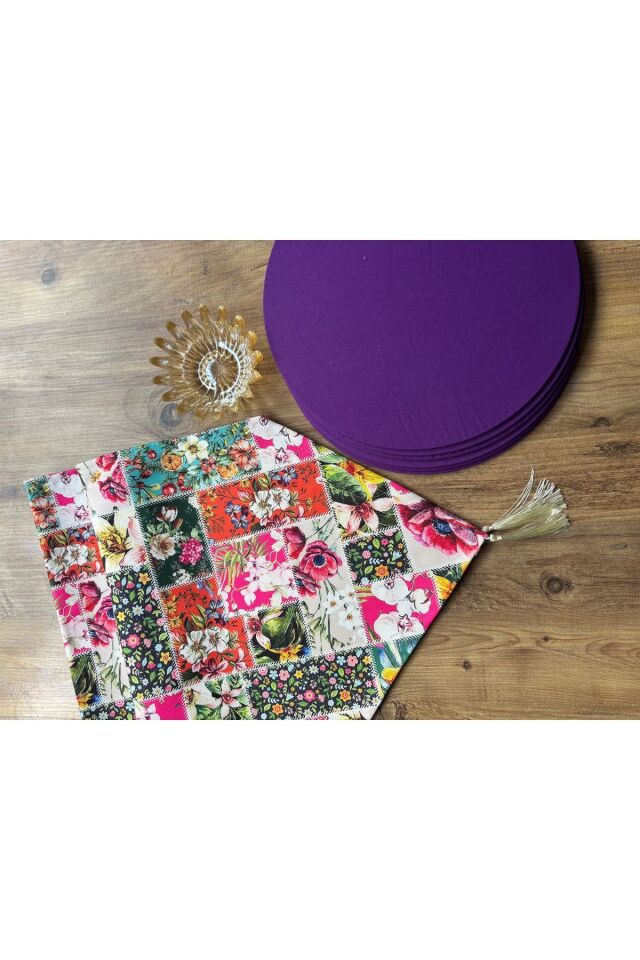 Bahar Çiçekleri Duck Keten Runner ve 6'lı Kırmızı Supla Seti karmaşık mor - 140 x 40