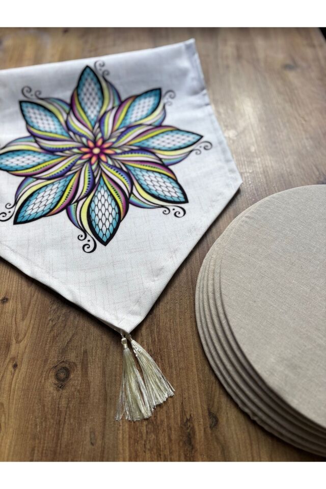 Bahar Çiçekleri Duck Keten Runner ve 6'lı Kırmızı Supla Seti mint çiçek krem - 140 x 40