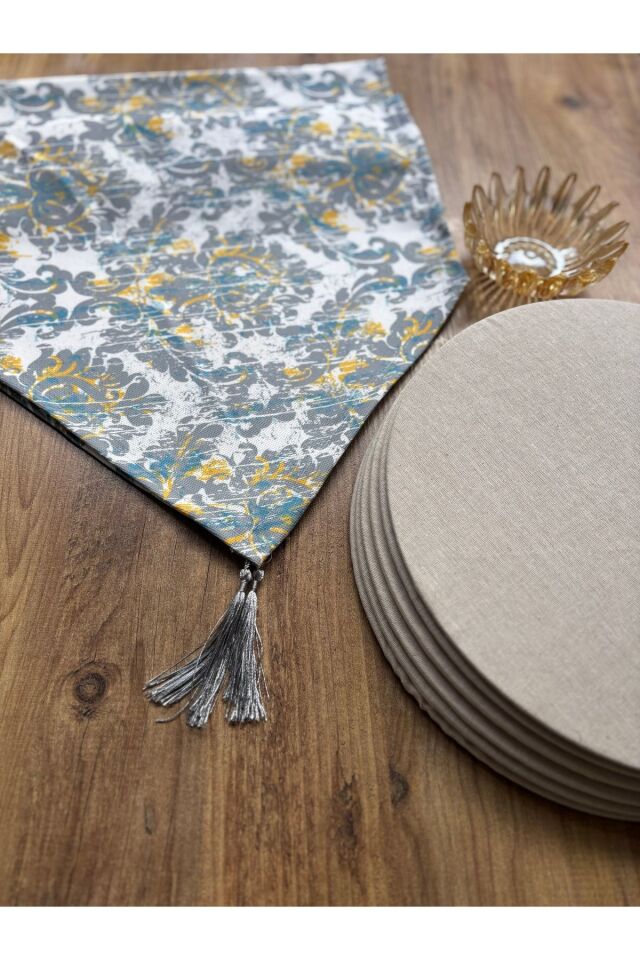 Bahar Çiçekleri Duck Keten Runner ve 6'lı Kırmızı Supla Seti mint çiçek krem - 140 x 40