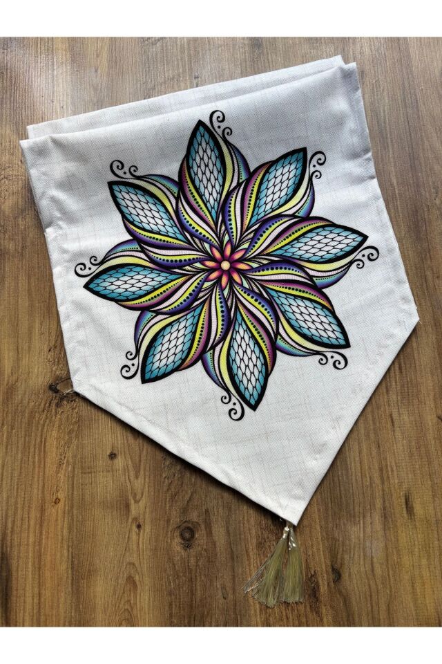 Bahar Çiçekleri Duck Keten Runner ve 6'lı Kırmızı Supla Seti mint çiçek krem - 140 x 40