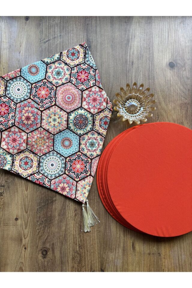 Bahar Çiçekleri Duck Keten Runner ve 6'lı Kırmızı Supla Seti soft turuncu - 140 x 40