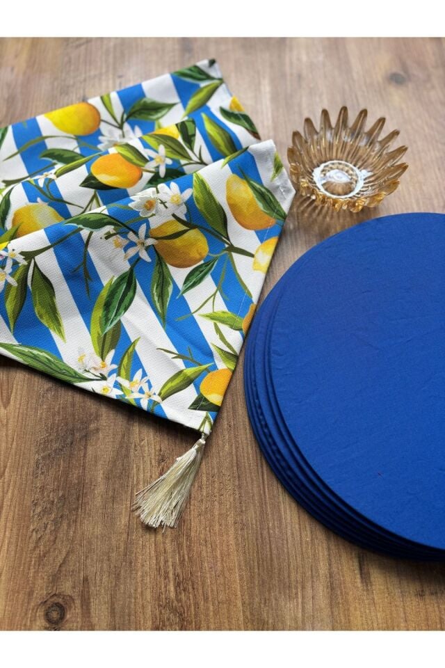 Bahar Çiçekleri Duck Keten Runner ve 6'lı Kırmızı Supla Seti çizgi limon saks - 140 x 40