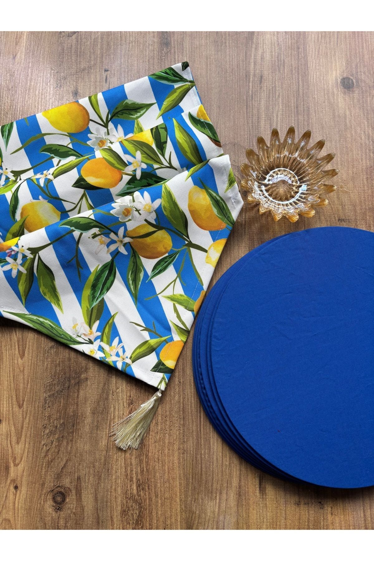 Bahar Çiçekleri Duck Keten Runner ve 6'lı Kırmızı Supla Seti çizgi limon saks - 140 x 40