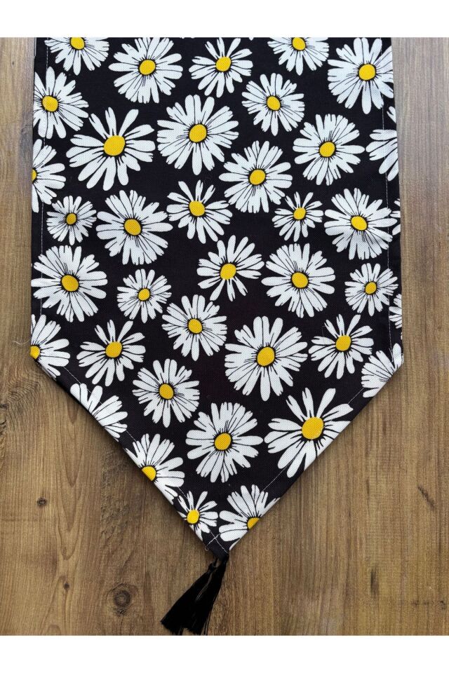 Bahar Çiçekleri Duck Keten Runner ve 6'lı Kırmızı Supla Seti siyah papatya - 140 x 40