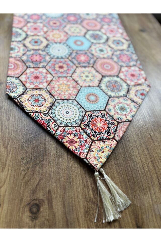 Çizgili Limon Duck Keten Su Geçirmez Kirlenmez Runner Mandala Altıgen - 40 x 140