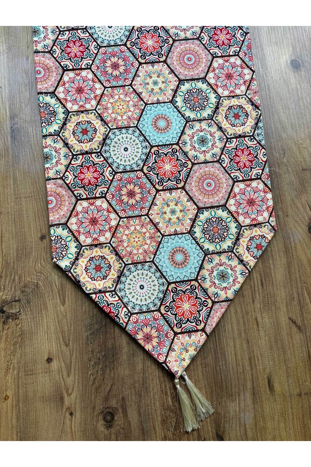 Çizgili Limon Duck Keten Su Geçirmez Kirlenmez Runner Mandala Altıgen - 40 x 140
