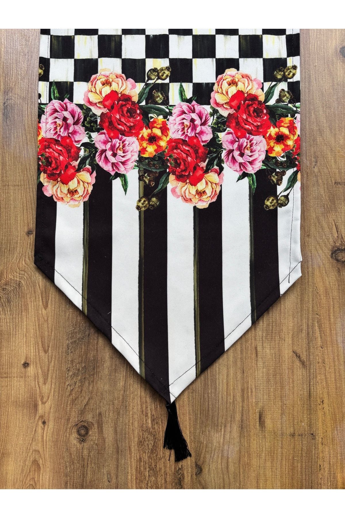 Çizgili Limon Duck Keten Su Geçirmez Kirlenmez Runner Çiçekli Dama - 40 x 140