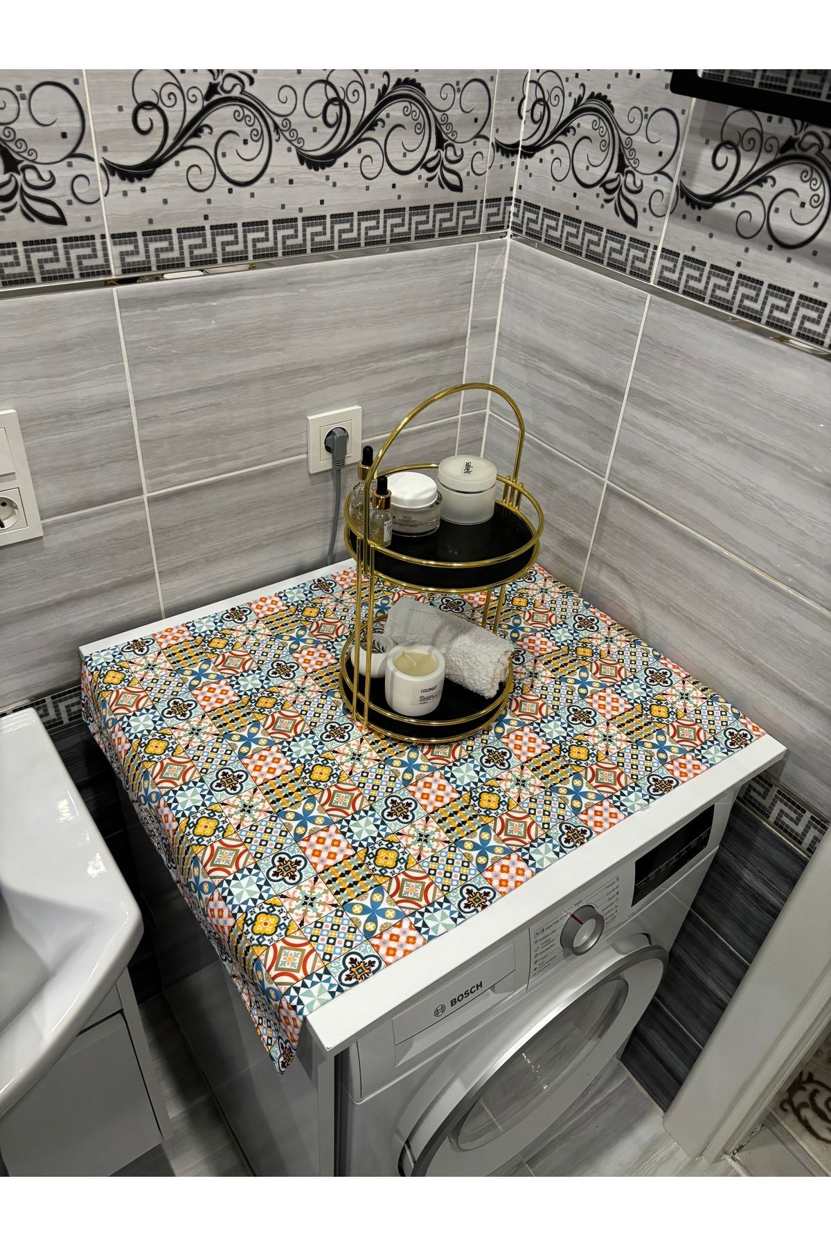 Cümbüş Çiçek Duck Keten Su Geçirmez ve Kirlenmez Çamaşır Makinesi Örtüsü - Şık Desen Seçenekleri ile Çini
