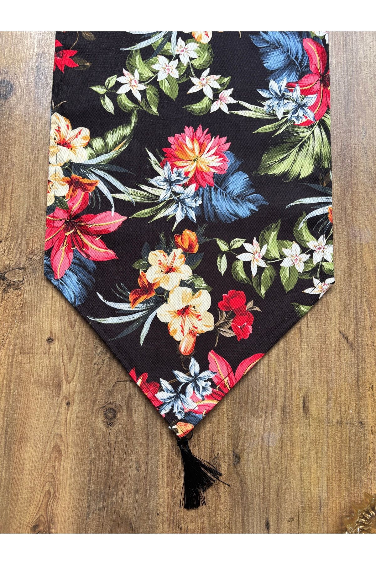 Çizgili Limon Duck Keten Su Geçirmez Kirlenmez Runner Siyah Çiçek - 40 x 140