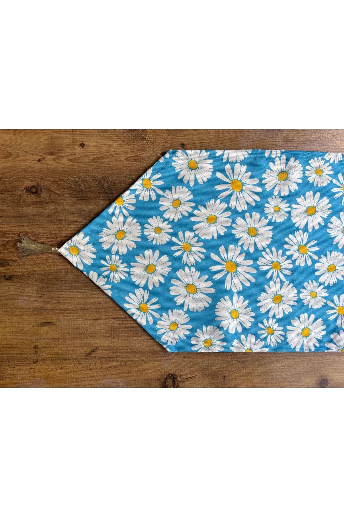 Çizgili Limon Duck Keten Su Geçirmez Kirlenmez Runner Mavi Papatyalar - 40 x 140