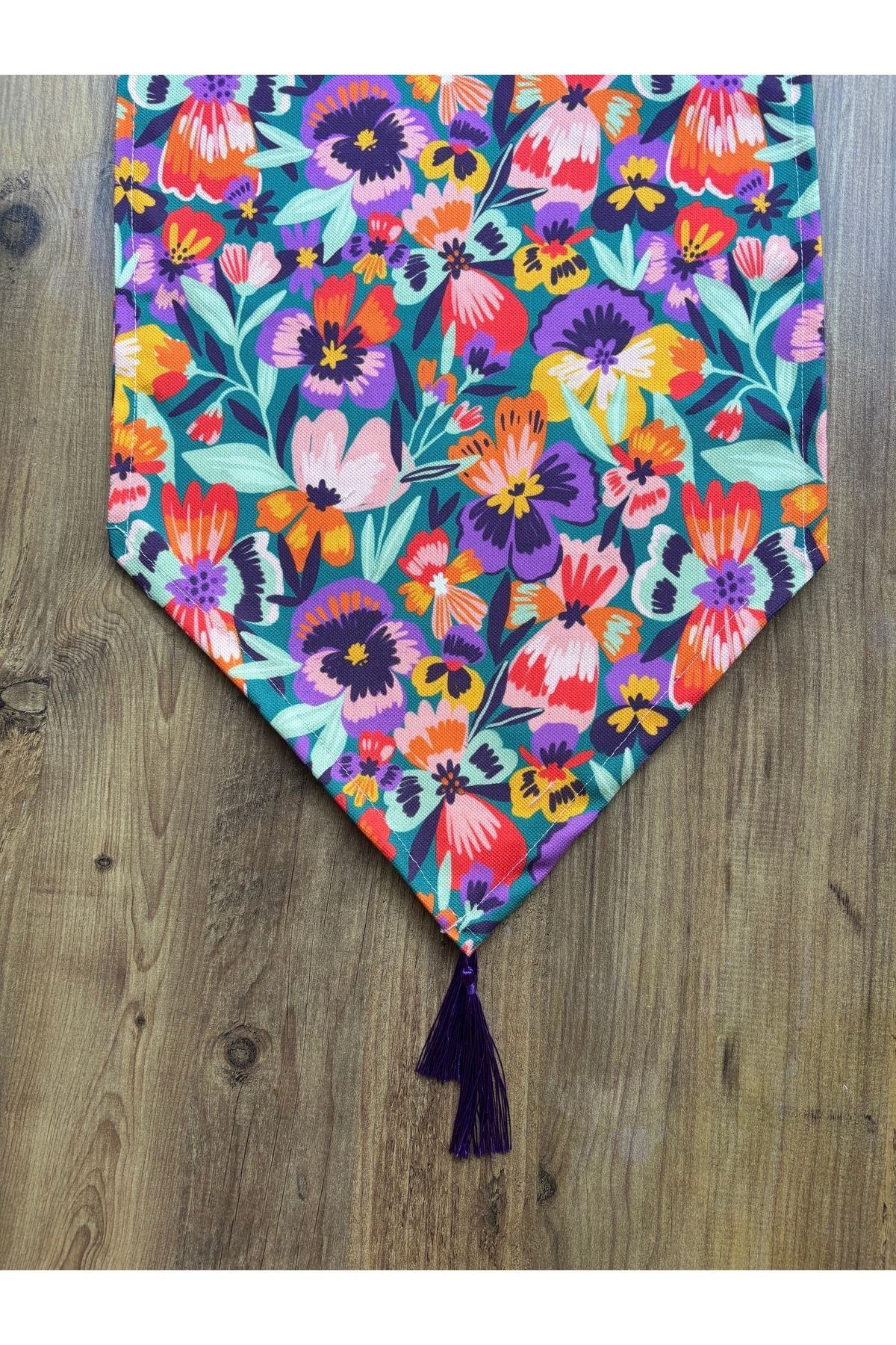 Çizgili Limon Duck Keten Su Geçirmez Kirlenmez Runner Lila Retro Çiçekler - 40 x 140