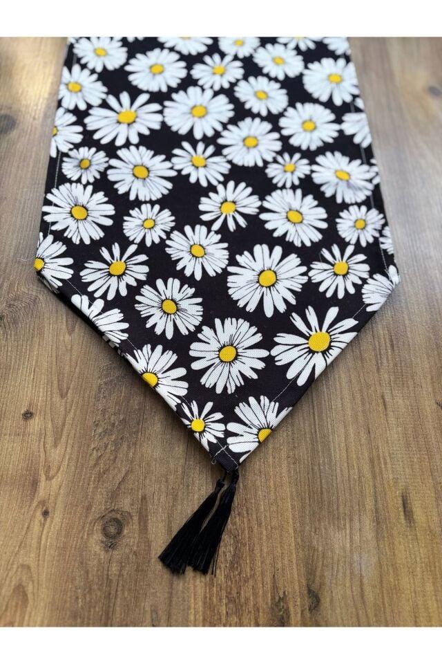 Çizgili Limon Duck Keten Su Geçirmez Kirlenmez Runner Siyah Papatyalar - 40 x 140