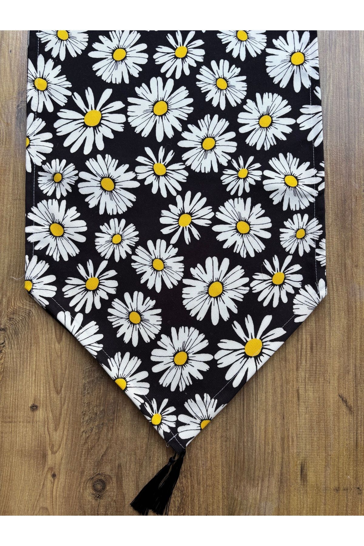 Çizgili Limon Duck Keten Su Geçirmez Kirlenmez Runner Siyah Papatyalar - 40 x 140
