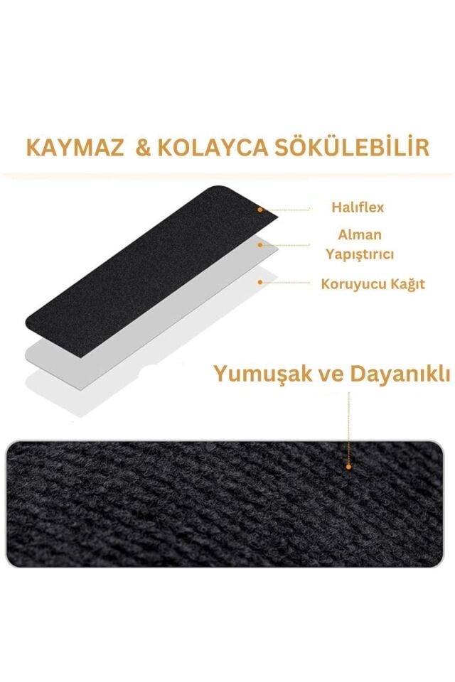 Kendinden Yapışkanlı Merdiven Halısı (1 Adet)  Keçe Kaymaz Halı Kaplama - Kaymaz ve Pratik Çözüm siyah - 60 x 80