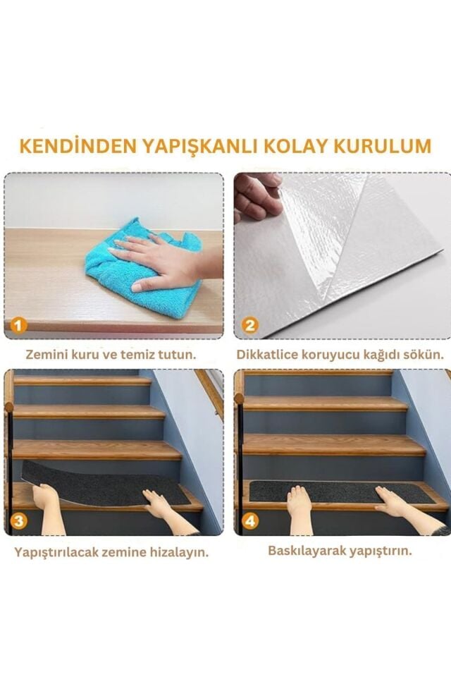 Kendinden Yapışkanlı Merdiven Halısı (1 Adet)  Keçe Kaymaz Halı Kaplama - Kaymaz ve Pratik Çözüm siyah - 100 x 30