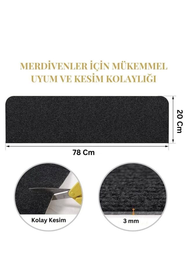 Kendinden Yapışkanlı Merdiven Halısı (1 Adet)  Keçe Kaymaz Halı Kaplama - Kaymaz ve Pratik Çözüm siyah - 100 x 30