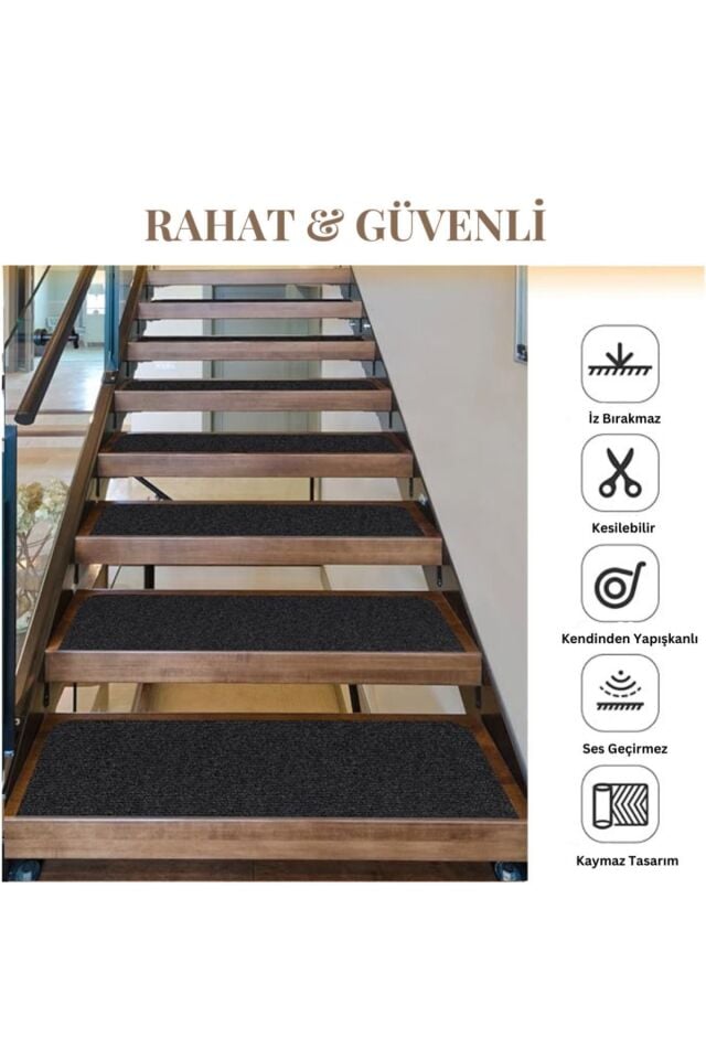 Kendinden Yapışkanlı Merdiven Halısı (1 Adet)  Keçe Kaymaz Halı Kaplama - Kaymaz ve Pratik Çözüm siyah - 100 x 20