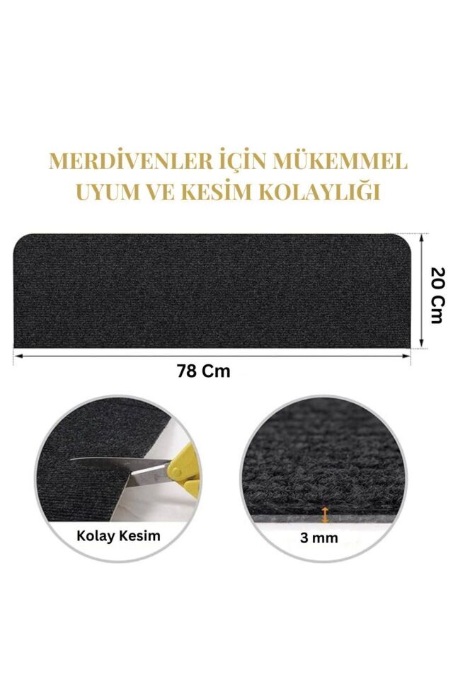 Kendinden Yapışkanlı Merdiven Halısı (1 Adet)  Keçe Kaymaz Halı Kaplama - Kaymaz ve Pratik Çözüm siyah - 40 x 80