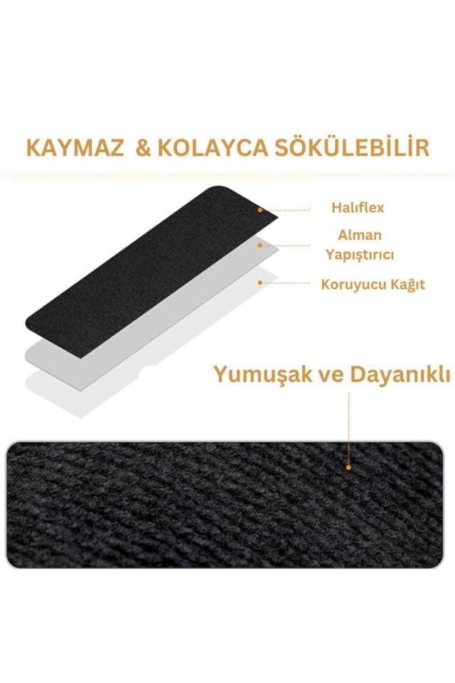 Kendinden Yapışkanlı Merdiven Halısı (1 Adet)  Keçe Kaymaz Halı Kaplama - Kaymaz ve Pratik Çözüm siyah - 100 x 100