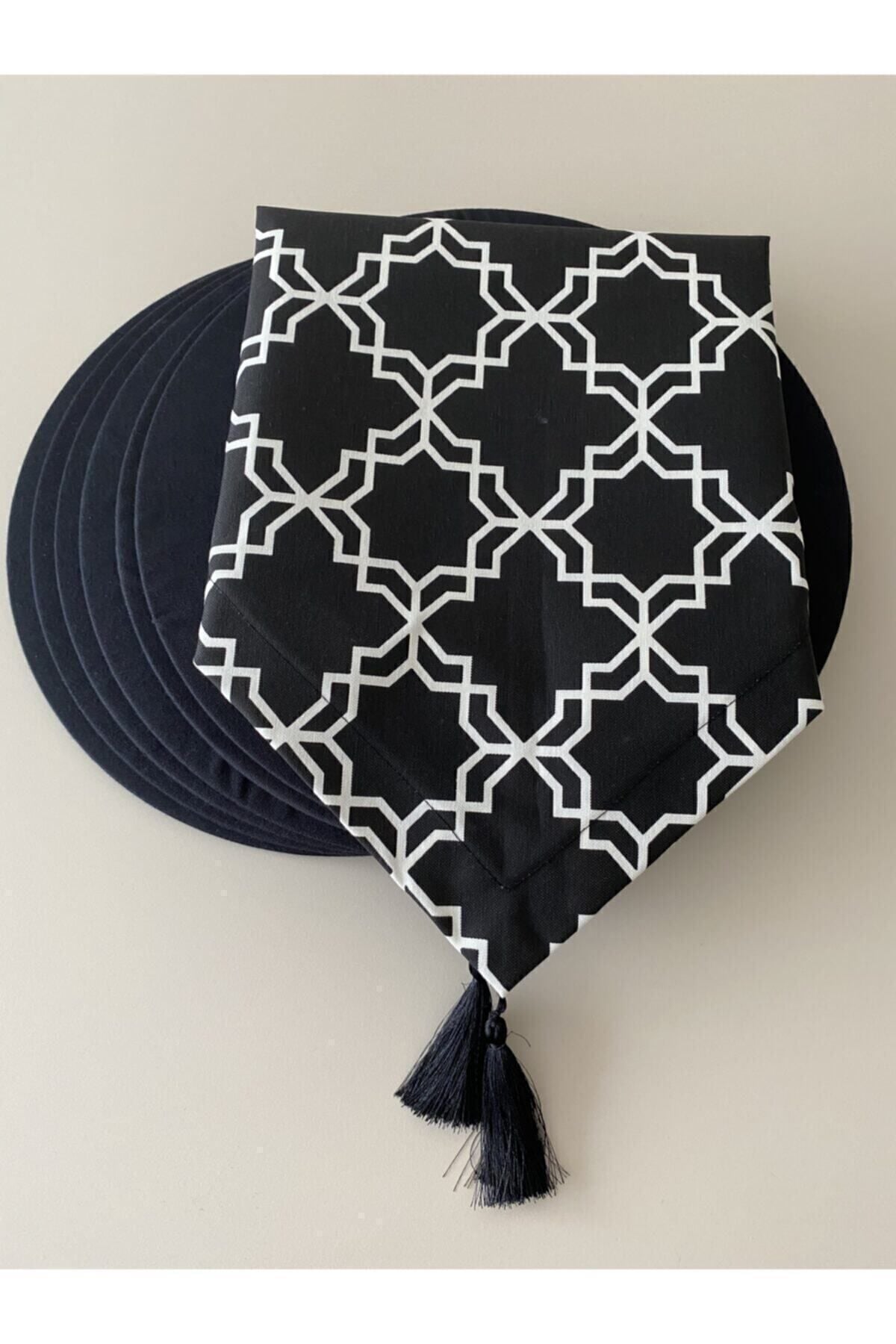 Zikzak Desenli  Keten Runner ve 6 Adet Siyah Keten Supla Seti ( ince Tip Runner ) siyah-morroccan - 40 x 130