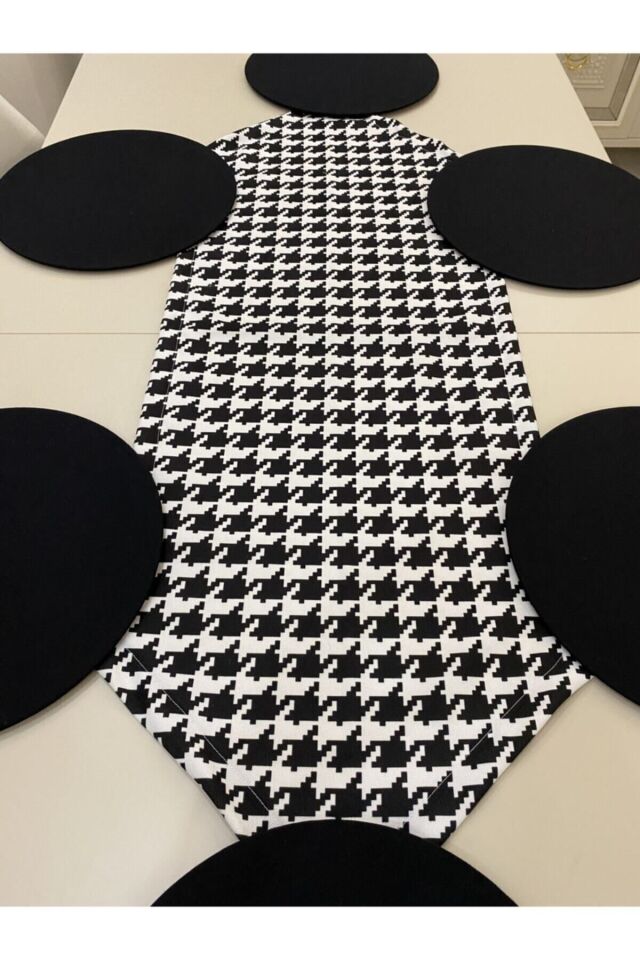 Zikzak Desenli  Keten Runner ve 6 Adet Siyah Keten Supla Seti ( ince Tip Runner ) siyah-kaz - 40 x 130