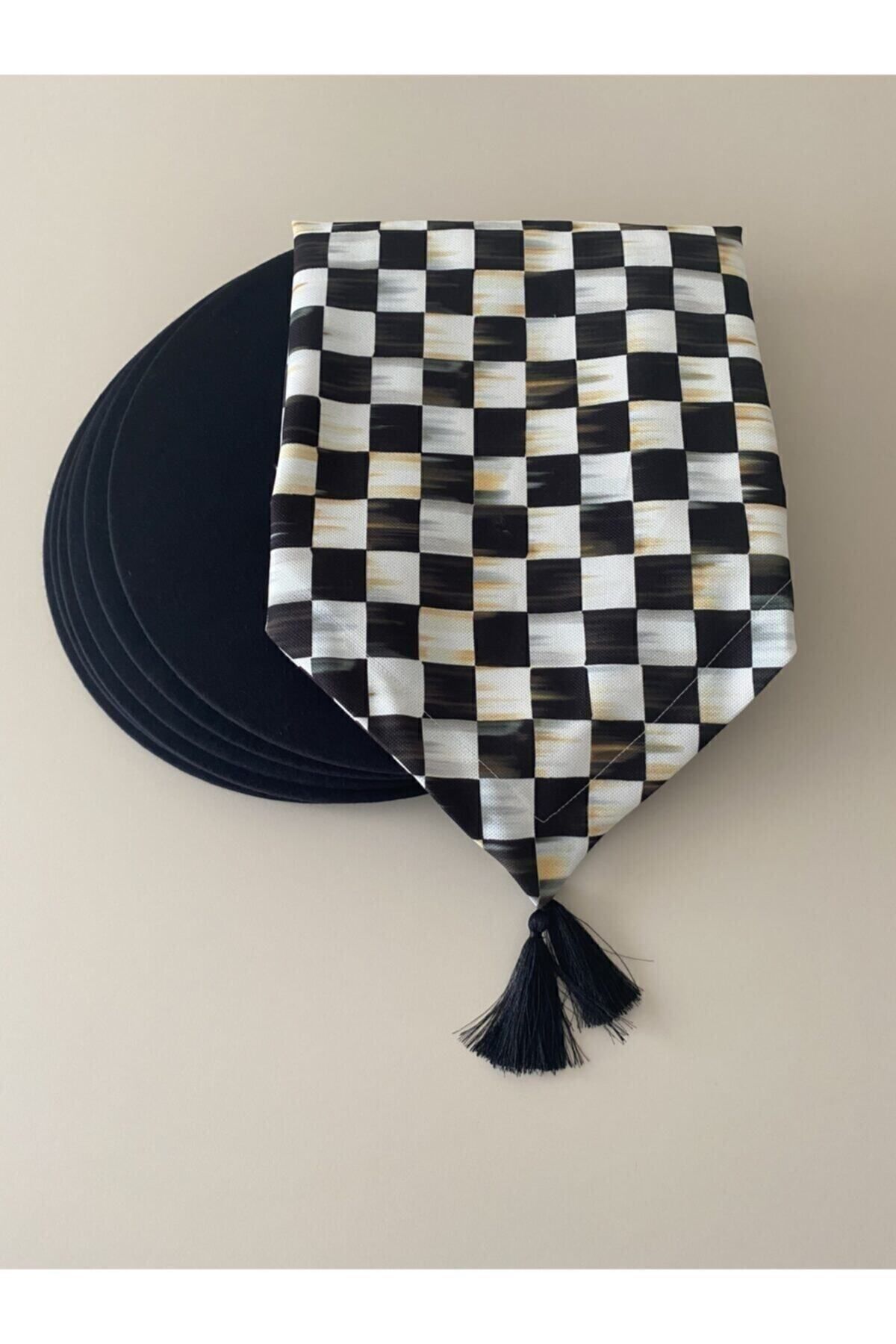 Zikzak Desenli  Keten Runner ve 6 Adet Siyah Keten Supla Seti ( ince Tip Runner ) siyah dama - 40 x 130