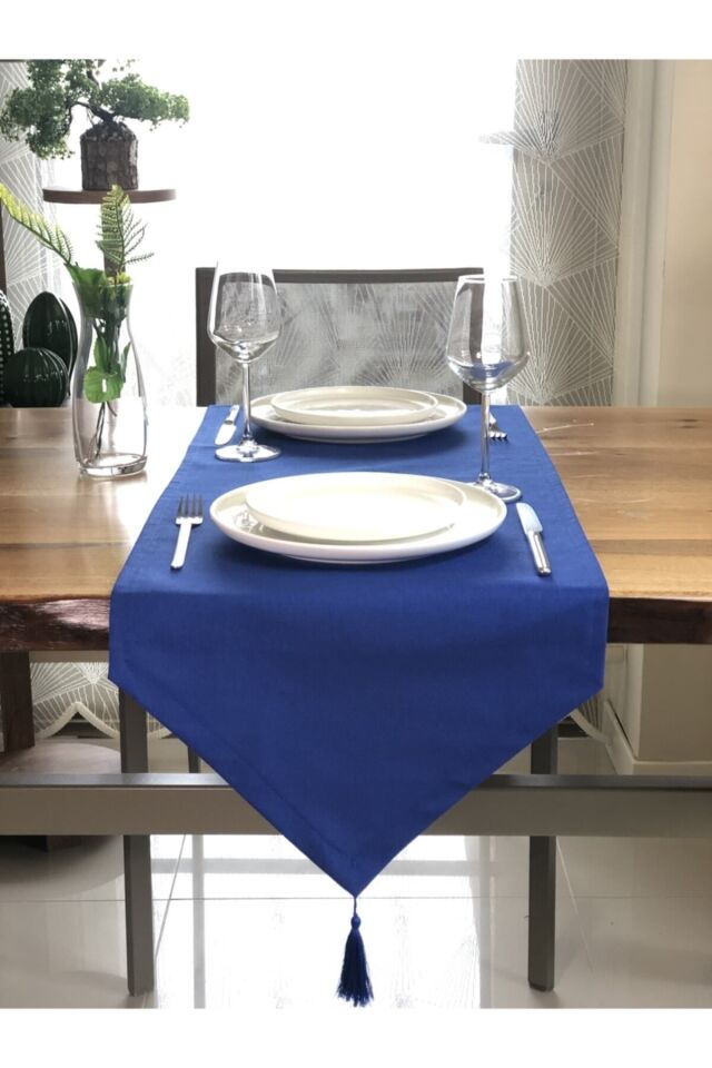 Derinlik ve Elegans: Lacivert Püsküllü Runner , Masa Örtüsü lacivert - 40 x 130