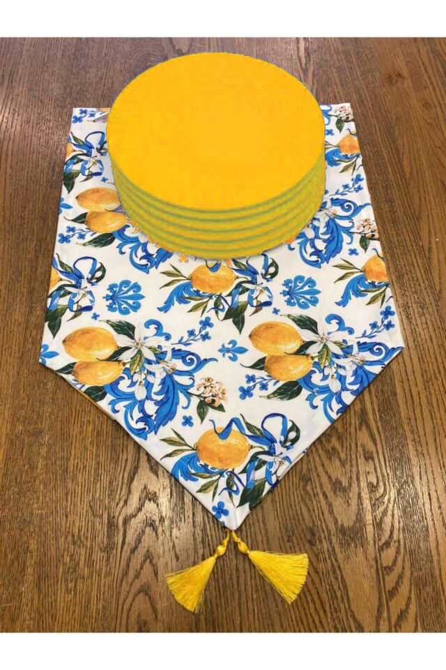 Zambak Desenli Duck Keten Runner ve 6 Adet Mor Keten Supla Seti sarı - 40 x 130