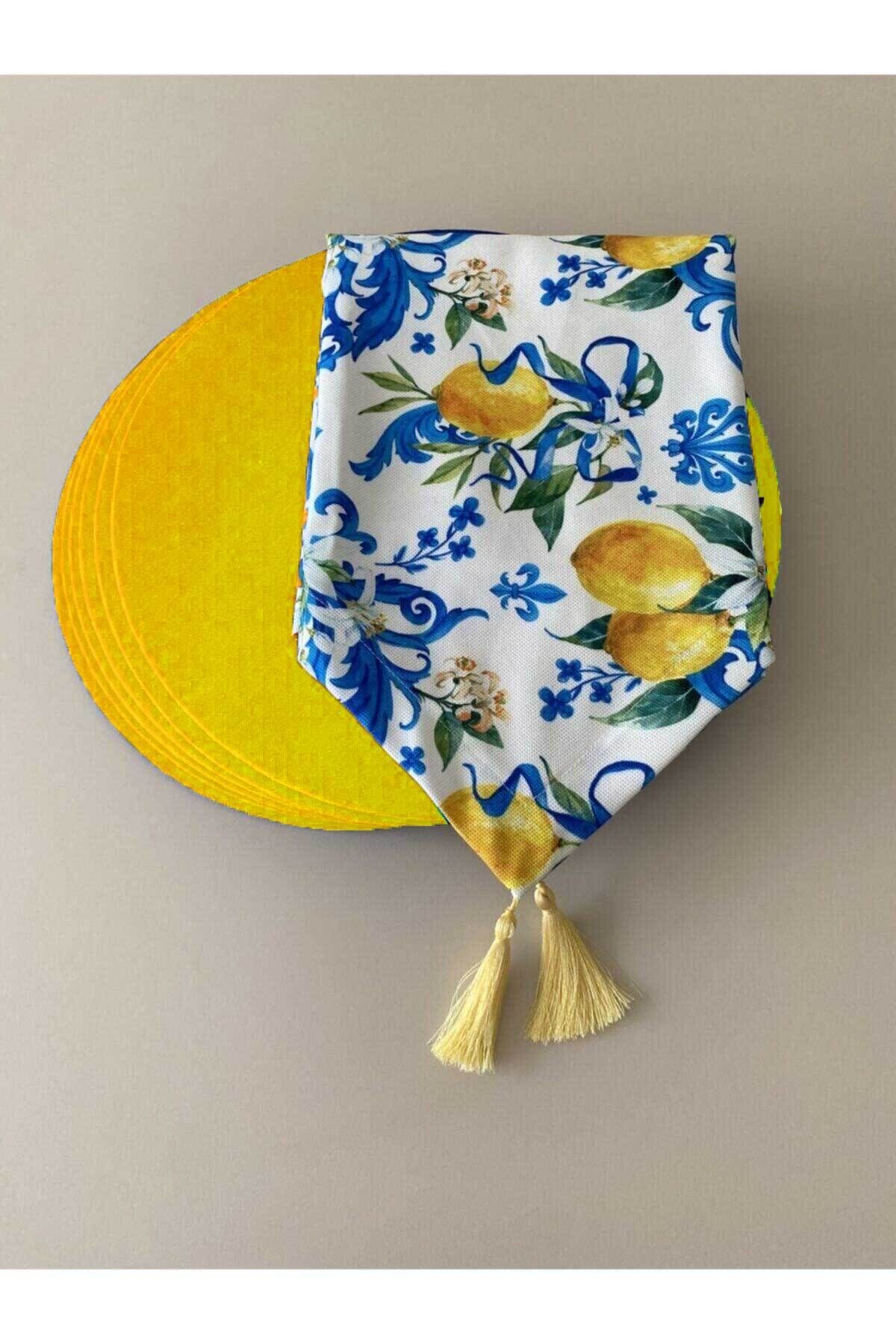Zambak Desenli Duck Keten Runner ve 6 Adet Mor Keten Supla Seti sarı - 40 x 130