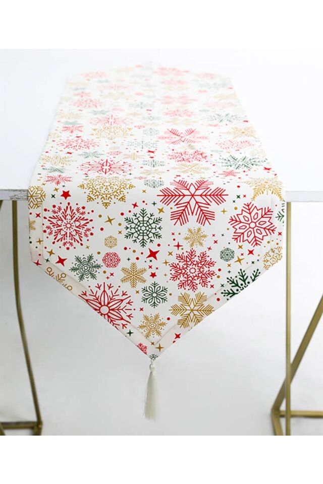 Yılbaşı Konsept Üçgen Runner Dev Püskül Duck Keten Dertsiz Kumaş ( 140cm X 40cm ) KREM